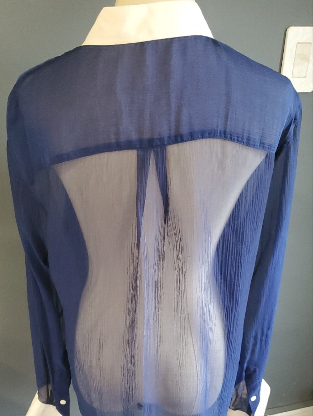 Thomas Pink Navy Sheer Dress Shirt with White Contrast Collar - Picture 7 of 17